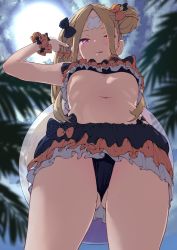 Rule 34 | 1girl, abigail williams (emerald float) (fate), abigail williams (fate), bandaid, bandaid on face, bandaid on forehead, bikini, black bow, blonde hair, bow, breasts, fate/grand order, fate (series), forehead, frilled bikini, frills, from below, gluteal fold, highres, iwasaki takashi, licking lips, long hair, looking at viewer, looking down, navel, official alternate costume, orange bow, parted bangs, purple eyes, small breasts, solo, swimsuit, tongue, tongue out, underboob
