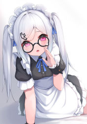 Rule 34 | 1girl, absurdres, apron, arm support, bed sheet, black-framed eyewear, black dress, commentary request, dress, frilled apron, frilled dress, frills, glasses, hair ornament, hairclip, hand up, hashiko nowoto, highres, long hair, looking at viewer, maid, maid headdress, open mouth, original, parted bangs, pink eyes, pleated dress, puffy short sleeves, puffy sleeves, round eyewear, short sleeves, solo, twintails, very long hair, white apron, white background, white hair, wrist cuffs