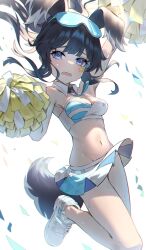 Rule 34 | 1girl, absurdres, animal ears, armpits, arms up, bare shoulders, black hair, blue archive, blush, breasts, cheerleader, confetti, crop top, dog ears, dog girl, dog tail, eyewear on head, halo, hibiki (blue archive), hibiki (cheer squad) (blue archive), highres, holding, holding pom poms, justcalorline01, long hair, looking at viewer, medium breasts, midriff, millennium cheerleader outfit (blue archive), navel, official alternate costume, pom pom (cheerleading), pom poms, shoes, skirt, sneakers, solo, standing, standing on one leg, star sticker, sticker on face, sweat, tail, yellow halo