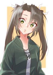 Rule 34 | brown hair, clothes writing, green hair, head tilt, jacket, kantai collection, long hair, long sleeves, open clothes, open jacket, outside border, simple background, solo, track jacket, twintails, yellow background, yellow eyes, yuugen no tei, zuikaku (kancolle)