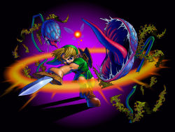 Rule 34 | 1boy, absurdres, deku baba, green shirt, hat, highres, knife, link, male focus, nintendo, official art, pointy ears, shirt, solo, the legend of zelda, the legend of zelda: ocarina of time, weapon, young link