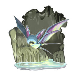 animal_focus bat_(animal) cave_interior commentary_request creatures_(company) dlitw fangs flying full_body game_freak gen_1_pokemon highres nintendo no_eyes no_humans open_mouth pokemon pokemon_(creature) solo water white_background zubat