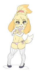Rule 34 | 1girl, animal crossing, animal ears, bikini, blonde hair, blush stickers, breast hold, breasts, covered erect nipples, dog ears, dog girl, dog tail, flat color, furry, furry female, high heels, highres, isabelle (animal crossing), lowleg, lowleg bikini, maniacpaint, micro bikini, navel, nintendo, open mouth, scrunchie, side-tie bikini bottom, small breasts, smile, solo, striped clothes, striped thighhighs, swimsuit, tail, thighhighs, topknot, underboob, vertical-striped clothes, vertical-striped thighhighs, white thighhighs