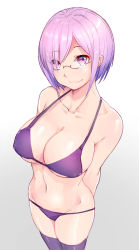 Rule 34 | 1girl, absurdres, alternate costume, arms behind back, bad id, bad pixiv id, bikini, breasts, cleavage, collarbone, commentary request, covered erect nipples, eyes visible through hair, fate/grand order, fate (series), foreshortening, glasses, gradient background, gradient hair, highres, large breasts, legs together, looking at viewer, mash kyrielight, multicolored hair, navel, purple bikini, purple eyes, purple thighhighs, shiny skin, short hair, skindentation, smile, solo, standing, stomach, strap gap, swimsuit, thighhighs, wse