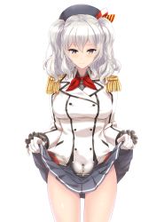 Rule 34 | 10s, 1girl, beret, breasts, buttons, clothes lift, cowboy shot, epaulettes, female focus, gloves, grey eyes, grey hair, grey skirt, hat, highres, infinote, jacket, kantai collection, kashima (kancolle), large breasts, looking at viewer, military, military uniform, miniskirt, sidelocks, skirt, skirt lift, smile, solo, twintails, uniform, wavy hair, white gloves