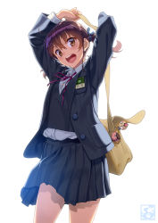 Rule 34 | 1girl, :d, arms up, artist logo, artist name, bag, bag charm, black jacket, black skirt, blue ribbon, blush, brown eyes, brown hair, charm (object), collared shirt, cowboy shot, grey shirt, hair ornament, hair ribbon, hairclip, handbag, highres, holding, holding bag, jacket, long sleeves, miniskirt, open clothes, open jacket, open mouth, original, pairan, pleated skirt, ribbon, round teeth, safety pin, shirt, simple background, skirt, smile, solo, teeth, twintails, unbuttoned, upper teeth only, white background