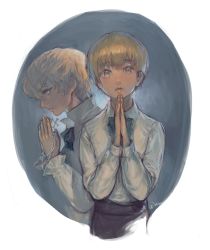 Rule 34 | 2boys, blonde hair, bow, bowtie, brown eyes, crying, crying with eyes open, grey background, hair between eyes, ida rintarou, long sleeves, male focus, multiple boys, original, own hands together, parted lips, rosary, shirt, tears, upper body, wavy hair, white hair, white shirt