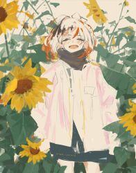 Rule 34 | 1girl, artist name, black hair, black scarf, blush, closed eyes, cowboy shot, dated, flower, highres, jacket, medium hair, multicolored hair, open mouth, original, plant, red hair, scarf, smile, solo, streaked hair, sunflower, white hair, white jacket, xilmo