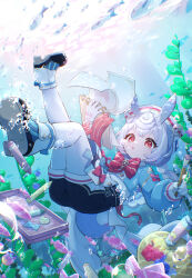 1girl :o absurdres air_bubble animal_ears ass black_shorts blue_hair blue_shirt bow bowtie bubble canvas_(object) etmachigaeatx fish full_body genshin_impact gloves hat highres holding holding_notebook holding_paintbrush legs_up long_sleeves looking_at_viewer low_twintails notebook nurse_cap paint_tube paintbrush pantyhose red_eyes shirt shoes short_shorts shorts sigewinne_(genshin_impact) submerged tail twintails underwater white_footwear white_gloves white_pantyhose