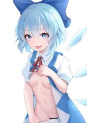 Rule 34 | 1girl, absurdres, bar censor, bloomers, bloomers pull, blue bow, blue dress, blue eyes, blue hair, bow, breasts, censored, cirno, cleft of venus, clothes lift, collared shirt, commentary, cowboy shot, dress, dress lift, groin, hair between eyes, hair bow, highres, ice, ice wings, lifted by self, looking at viewer, navel, neck ribbon, nipples, open mouth, petite, pinafore dress, puffy short sleeves, puffy sleeves, pussy, red ribbon, ribbon, shirt, short hair, short sleeves, simple background, sleeveless, sleeveless dress, small breasts, solo, tongue, tongue out, tororokonbu (agumo555), touhou, underwear, white background, white bloomers, white shirt, wings