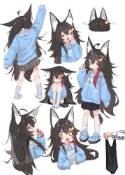 Rule 34 | 1girl, 1other, aged down, ahoge, animal ear fluff, animal ears, backpack, bag, bandaid, bandaid on knee, bandaid on leg, black hair, black skirt, blush stickers, cropped torso, from behind, hair ornament, hand to own mouth, highres, hololive, hugging own legs, kilabo, long hair, long sleeves, messy hair, multicolored hair, one-piece swimsuit, ookami mio, open mouth, playing with own hair, pleated skirt, sidelocks, simple background, sitting, skirt, sleeves past wrists, socks, solo focus, stretching, sweat, swimsuit, tail, very long hair, virtual youtuber, white background, wolf ears, wolf tail, yawning, yellow eyes