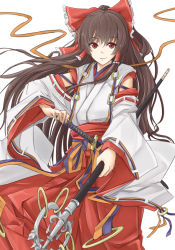 Rule 34 | 1girl, alternate costume, bad id, bad pixiv id, bow, brown hair, cibo (killy), detached sleeves, hair bow, hair tubes, hakurei reimu, hand on hilt, japanese clothes, katana, long hair, long sleeves, looking at viewer, miko, polearm, red eyes, ribbon, sash, shakujou, shirt, simple background, skirt, smile, solo, staff, sword, touhou, very long hair, weapon, white background