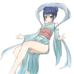 Rule 34 | 1girl, arute arisu, bare shoulders, barefoot, blue hair, blush, brown eyes, detached sleeves, fairy tail, highres, japanese clothes, pelvic curtain, sash, short hair with long locks, side slit, sidelocks, simple background, smile, solo, wendy marvell, white background