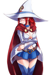 Rule 34 | 10s, 1girl, aged up, atatatamu, belt, blush, breast hold, breasts, cape, chariot du nord, choker, cleavage, cowboy shot, crossed arms, earrings, glasses, hat, highres, jewelry, little witch academia, long hair, navel, red eyes, red hair, shiny chariot, skirt, solo, spoilers, thighhighs, ursula callistis, white background, witch, witch hat
