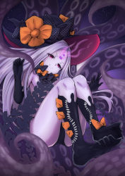 Rule 34 | 1girl, abigail williams (fate), abigail williams (third ascension) (fate), absurdres, ankle bow, ankle ribbon, ass, bare shoulders, black bow, black hat, black panties, boro bukuro, bow, breasts, closed mouth, colored skin, fate/grand order, fate (series), feet, forehead, glowing, glowing eye, hair bow, hat, highres, keyhole, leg ribbon, legs, long hair, looking at viewer, night, night sky, orange bow, panties, parted bangs, pink eyes, polka dot, polka dot bow, ribbon, sky, smile, solo, tentacles, thighs, third eye, underwear, white hair, white skin, witch hat
