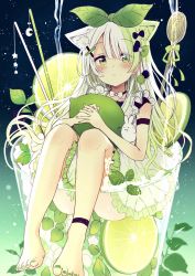 Rule 34 | 1girl, animal ear fluff, animal ears, bare shoulders, barefoot, black bow, blush, bow, closed mouth, clothes between thighs, collarbone, commentary request, convenient leg, crescent, cup, dress, drinking glass, fingernails, food, frilled dress, frills, fruit, gradient hair, green bow, green eyes, green hair, green nails, grey hair, hair bow, hair ornament, hair over one eye, hairclip, highres, in container, leaf hair ornament, lime (fruit), lime slice, mini person, minigirl, multicolored hair, nail polish, original, own hands together, sakura oriko, sleeveless, sleeveless dress, solo, star (symbol), toenail polish, toenails, white bow, white dress, x hair ornament