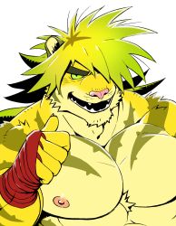 Rule 34 | 1boy, animal ears, bara, belly, black eyes, blonde hair, colored sclera, ezaki papiko, furry, furry male, green sclera, highres, large pectorals, looking at viewer, macan (housamo), male focus, muscular, muscular male, nipples, pectorals, pointing, pointing at self, smirk, solo, thick eyebrows, tiger boy, tiger ears, tokyo houkago summoners, upper body, white background, yellow fur