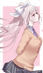 Rule 34 | 1girl, arms behind back, blush, bow, breasts, brown cardigan, cardigan, collared shirt, grey skirt, hair between eyes, hair bow, high ponytail, highres, higuchi kaede, looking away, medium breasts, misumi (macaroni), mole, mole under eye, necktie, nijisanji, parted lips, petals, pink background, plaid, plaid necktie, plaid neckwear, plaid skirt, pleated skirt, ponytail, purple eyes, purple necktie, shirt, silver hair, skirt, solo, two-tone background, virtual youtuber, white background, white bow, white shirt