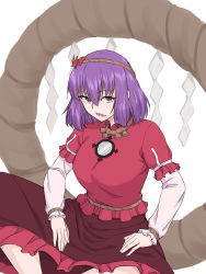 Rule 34 | 1girl, breasts, brown skirt, feet out of frame, highres, kakone, large breasts, layered sleeves, long sleeves, looking at viewer, mirror, one-hour drawing challenge, purple eyes, purple hair, red shirt, rope, shimenawa, shirt, short hair, short over long sleeves, short sleeves, simple background, sitting, skirt, solo, touhou, white background, yasaka kanako