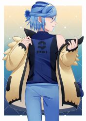 Rule 34 | 1boy, blue hair, blue pants, blue shirt, blush, border, commentary request, cowboy shot, creatures (company), game freak, grusha (pokemon), hands up, highres, jacket, long sleeves, looking to the side, male focus, mocacoffee 1001, nintendo, off shoulder, pants, parted lips, pokemon, pokemon sv, shirt, signature, sleeveless, sleeveless shirt, solo, white border, yellow jacket