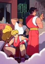 Rule 34 | 1girl, 2boys, blonde hair, bodysuit, broken glass, brown hair, building, city, cody travers, eyeless male, final fight, final fight 2, from behind, genryuusai maki, glass, guy (final fight), highres, long hair, multiple boys, muscular, muscular male, ninja, phons0, ponytail, shoes, short hair, short sleeves, thighs, window