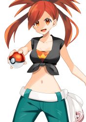 Rule 34 | 1girl, :d, absurdres, bad id, bad pixiv id, blue pants, breasts, cleavage, collarbone, cowboy shot, creatures (company), flannery (pokemon), floating hair, game freak, high ponytail, highres, holding, holding poke ball, long hair, medium breasts, midriff, navel, nintendo, open mouth, orange eyes, pants, parted bangs, poke ball, poke ball (basic), pokemon, pokemon oras, red hair, shirt, simple background, smile, solo, standing, stomach, tied shirt, v-shaped eyebrows, white background, yuihico
