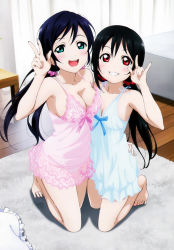 Rule 34 | 10s, 2girls, \m/, absurdres, alternate hairstyle, barefoot, black hair, blue hair, blush, breasts, chemise, cleavage, feet, green eyes, grin, hair ornament, highres, kneeling, large breasts, legs, long hair, love live!, love live! school idol project, low twintails, multiple girls, non-web source, official art, open mouth, pillow, red eyes, scrunchie, small breasts, smile, teeth, toes, tojo nozomi, twintails, v, very long hair, yazawa nico
