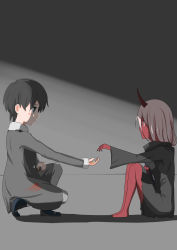 Rule 34 | 10s, 1boy, 1girl, absurdres, barefoot, black cloak, black hair, blood, blood on face, blood on clothes, blood on hands, blue eyes, book, boots, candy, cloak, coat, colored sclera, colored skin, couple, crying, crying with eyes open, darling in the franxx, food, fur trim, green eyes, grey coat, hand on own thigh, hetero, highres, hiro (darling in the franxx), holding, holding book, holding candy, holding food, hood, hooded cloak, horns, long hair, looking at another, lq-17, oni horns, parka, pink hair, red horns, red pupils, red sclera, red skin, religious offering, scratchy, short hair, sitting, spoilers, squatting, tears, winter clothes, winter coat, aged down, zero two (darling in the franxx)