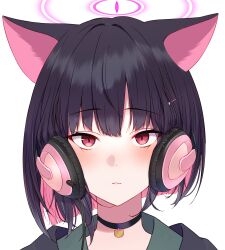 Rule 34 | 1girl, animal ears, asymmetrical hair, black choker, black hair, black jacket, blue archive, blush, cat ears, cat girl, choker, colored inner hair, hair ornament, hairpin, halo, headphones, highres, implied extra ears, jacket, kazusa (blue archive), looking at viewer, multicolored hair, photo-referenced, pink eyes, pink hair, pink halo, portrait, short hair, simple background, solo, white background, yata mawari