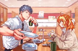 Rule 34 | 1boy, 1girl, ahoge, alternate costume, belt, black belt, booth seating, brown sweater, cellphone, chopsticks, closed mouth, collared shirt, cup, eating, elbow on table, elbow rest, elbows on table, fate/grand order, fate (series), foreshortening, from side, fujimaru ritsuka (female), gacha, gashapon, grey hair, grey necktie, grey pants, hair between eyes, hair ornament, hair scrunchie, highres, holding, holding cup, holding plate, indoors, light blush, long sleeves, looking at another, looking to the side, medium hair, necktie, orange eyes, orange hair, orange scrunchie, pants, phone, plate, restaurant, saitou hajime (fate), scrunchie, shirt, short hair, side ponytail, sitting, sleeves past wrists, sleeves rolled up, smartphone, sweatdrop, sweater, uni (nico02), watch, white shirt, wristwatch, yellow eyes