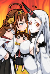 Rule 34 | 10s, 3girls, :i, abyssal ship, ahoge, asymmetrical docking, bare shoulders, between breasts, blue eyes, blush, breast press, breast smother, breasts, brown hair, chibi, detached sleeves, dress, face to breasts, gradient background, hair ornament, hairband, headgear, horns, japanese clothes, kantai collection, kongou (kancolle), large breasts, lee (colt), long hair, looking at viewer, multiple girls, nontraditional miko, remodel (kantai collection), ribbed dress, school uniform, seaport princess, serafuku, shigure (kancolle), sideboob, single horn, sketch, skirt, solid circle eyes, white hair