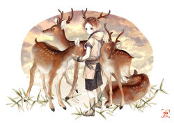 Rule 34 | 1boy, antlers, brown hair, deer, fingerless gloves, from behind, gloves, horns, lor968, male focus, nature, original, plant, short hair, sky, solo, standing, white background