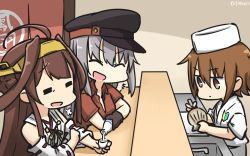 Rule 34 | +++, 3girls, = =, ^ ^, ahoge, alcohol, alternate costume, bare shoulders, black hat, brown eyes, brown gloves, brown hair, closed eyes, commentary request, dated, detached sleeves, double bun, gangut (kancolle), gloves, grey hair, hair bun, hairband, hamu koutarou, hat, headgear, highres, holding, japanese clothes, kantai collection, kongou (kancolle), long hair, multiple girls, nontraditional miko, one-hour drawing challenge, open mouth, peaked cap, puff of air, red shirt, ribbon-trimmed sleeves, ribbon trim, sake, shirt, short hair, short sleeves, shoshinsha mark, smile, v-shaped eyebrows, wakaba (kancolle)