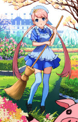 Rule 34 | 1girl, apron, bad id, bad pixiv id, blue eyes, blue theme, blue thighhighs, broom, bug, butterfly, dress, flower, grass, hair ornament, hifumi chiyoko, highres, insect, legs, loafers, long hair, maid, maid apron, maid headdress, mansion, original, pig, pink hair, shoes, solo, thighhighs, tree, twintails, very long hair, zettai ryouiki