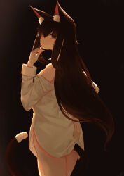 Rule 34 | 1girl, absurdres, animal ears, cat ears, cat girl, cat tail, finger to mouth, guda, hand on own ass, highres, indie virtual youtuber, long hair, long sleeves, looking at viewer, naked shirt, off shoulder, shirt, smile, tail, virtual youtuber, white shirt, xingye (xing)