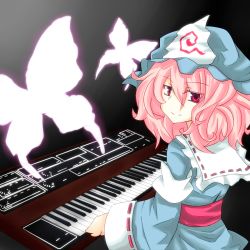 Rule 34 | 1girl, bad id, bad pixiv id, bug, butterfly, female focus, gradient background, hat, insect, instrument, japanese clothes, keyboard (instrument), kikiriri, looking back, pink eyes, pink hair, saigyouji yuyuko, solo, touhou