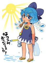 Rule 34 | 1girl, alternate costume, arms at sides, blue bow, blue dress, blue eyes, blue hair, bow, cirno, commentary request, dress, flower, hair bow, holding, holding towel, ice, ice wings, looking at viewer, mashuu masaki, mouth hold, sandals, snorkel, solo, standing, sun, sunflower, tanned cirno, touhou, towel, translation request, water drop, wings