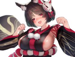 Rule 34 | 1girl, :d, animal ears, areola slip, azur lane, bad id, bad pixiv id, black hair, blush, breasts, cat ears, cat mask, commentary request, japanese clothes, large breasts, looking at viewer, mask, mask on head, open mouth, red eyes, reido (reido c), short hair, sideboob, simple background, smile, solo, upper body, white background, yamashiro (azur lane)