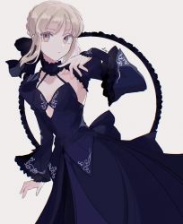 Rule 34 | 1girl, artist name, artoria pendragon (all), artoria pendragon (fate), blonde hair, blue dress, braid, breasts, commentary request, detached sleeves, dress, fate/stay night, fate (series), frilled sleeves, frills, hair ribbon, meloettta, revision, ribbon, saber alter, short hair, simple background, small breasts, solo, white background, wide sleeves, yellow eyes