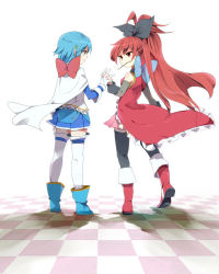 Rule 34 | 10s, 2girls, bare shoulders, blue eyes, blue hair, boots, cape, checkered floor, detached sleeves, floor, food, from behind, grin, holding hands, komoreg, long hair, magical girl, mahou shoujo madoka magica, mahou shoujo madoka magica (anime), miki sayaka, mouth hold, multiple girls, neck ribbon, pocky, ponytail, red eyes, red hair, ribbon, sakura kyoko, shadow, short hair, smile, thighhighs