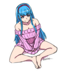 Rule 34 | 1girl, akairiot, artist name, bare legs, bare shoulders, barefoot, blue hair, breasts, butterfly sitting, cleavage, dress, feet, feet together, female focus, from above, hair over shoulder, hairband, indian style, legs, long hair, looking at viewer, looking up, mascot, naked sweater, off-shoulder, off-shoulder sweater, original, purple eyes, ribbed sweater, sidelocks, simple background, sitting, sketch, smile, solo, sue etta, sweater, sweater dress, v arms, white background