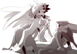 Rule 34 | 2boys, animal ears, animal feet, animal penis, arm support, arrow (projectile), artist name, backlighting, bad id, bad pixiv id, beak, bird boy, bird tail, blurry, blurry foreground, blush, body fur, chromatic aberration, claws, creatures (company), decidueye, defeat, depth of field, erection, eye contact, feathered wings, furry, furry male, furry with furry, game freak, gen 6 pokemon, gen 7 pokemon, greninja, half-closed eyes, hand up, happy, highres, hood, hood up, knee up, legs, looking at another, looking down, looking up, lying, male focus, monochrome, multiple boys, nintendo, on back, open mouth, penis, penis grab, penises touching, pokemon, pokemon (creature), precum, reptile boy, simple background, smile, sweat, tail, tenebscuro, watermark, white background, wings