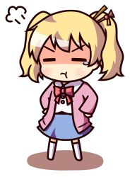 Rule 34 | &gt;:t, 10s, 1girl, :t, = =, alice cartelet, blonde hair, blush, bow, cardigan, chibi, dress shirt, full body, hair ornament, hairpin, hands on own hips, kin-iro mosaic, kukku, long sleeves, pout, ribbon, school uniform, shaded face, shadow, shirt, short hair, simple background, skirt, solo, standing, tears, twintails, v-shaped eyebrows, white background