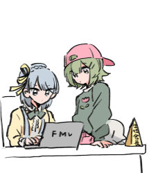 Rule 34 | 2channel, 2girls, amano yae, arm support, at computer, backwards hat, baseball cap, blue eyes, blue hair, bow, bowtie, braid, center frills, collared shirt, computer, crown braid, desk, dosukoi! (napoli no otokotachi), floral print, frills, green bow, green bowtie, green eyes, green hair, green sweater, hat, laptop, long sleeves, looking at another, multiple girls, nameplate, napoli no otokotachi, oihool, parody, print sweater, puffy long sleeves, puffy sleeves, sasuga brothers, shirt, shuujou mana, simple background, suspenders, sweater, typing, v-shaped eyebrows, white background, yellow shirt