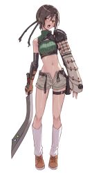 Rule 34 | 1girl, arm guards, armor, asymmetrical clothes, belt, black hair, brown eyes, crop top, decoponmagi, final fantasy, final fantasy vii, final fantasy vii rebirth, final fantasy vii remake, forehead protector, full body, headband, highres, kneehighs, light blush, looking at viewer, materia, navel, open belt, open fly, open mouth, short hair, short shorts, shorts, shoulder armor, sleeveless, sleeveless turtleneck, socks, solo, stomach, strap, turtleneck, weapon, wet, wet hair, white socks, yuffie kisaragi