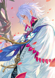 Rule 34 | 1boy, black collar, blue sash, closed mouth, collar, ear ornament, falling petals, fate/grand order, fate (series), head tilt, holding, holding staff, iketsumi, long hair, looking down, male focus, merlin (fate), petals, purple eyes, ribbon, robe, rope, sash, solo, staff, standing, white hair, white robe