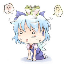 Rule 34 | 1girl, ?, blue eyes, blue hair, bow, chibi, chibi only, cirno, embodiment of scarlet devil, female focus, frog, ice, ice wings, kito (sorahate), lowres, matching hair/eyes, o o, open mouth, short hair, solo, spoken question mark, touhou, wings