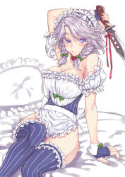 Rule 34 | 1girl, adapted costume, apron, arm support, arm up, armpits, bare shoulders, bed sheet, blue eyes, blue gloves, blue hairband, blue thighhighs, blush, bow, braid, breasts, bridal garter, cleavage, collar, collarbone, colored eyelashes, commentary request, detached sleeves, feet out of frame, fingerless gloves, fingernails, frilled apron, frilled hairband, frilled pillow, frilled shirt, frilled sleeves, frills, gloves, green bow, green ribbon, hair between eyes, hair bow, hairband, holding, holding knife, holding weapon, izayoi sakuya, knife, large breasts, maid, maid apron, maid headdress, mumulatte, no panties, off-shoulder shirt, off shoulder, pillow, puffy short sleeves, puffy sleeves, red collar, red ribbon, ribbon, shirt, short sleeves, silver hair, simple background, sitting, solo, striped clothes, striped thighhighs, swept bangs, thighhighs, thighs, touhou, twin braids, vertical-striped clothes, vertical-striped thighhighs, waist apron, weapon, white apron, white background, white shirt
