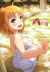 Rule 34 | 3girls, :d, ahoge, arm up, blush, breasts, covered mouth, facing away, highres, in water, large breasts, looking at viewer, looking back, love live!, love live! sunshine!!, multiple girls, naked towel, onsen, open mouth, orange hair, outdoors, qy73, red eyes, sakurauchi riko, short hair, sitting, smile, snow, steam, takami chika, teeth, tongue, towel, upper teeth only, watanabe you, wet, wooden floor