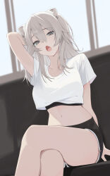 Rule 34 | 1girl, absurdres, animal ear fluff, animal ears, arm behind head, arm up, black shorts, blurry, blurry background, commentary request, crop top, crop top overhang, crossed legs, double-parted bangs, dutch angle, fang, feet out of frame, grey eyes, grey hair, hair between eyes, highres, hololive, lion ears, lion girl, long hair, looking at viewer, midriff, navel, open mouth, shirt, shishiro botan, short shorts, short sleeves, shorts, sitting, solo, sports bra peek, thighs, tongue, unoimy, virtual youtuber, white shirt, yawning